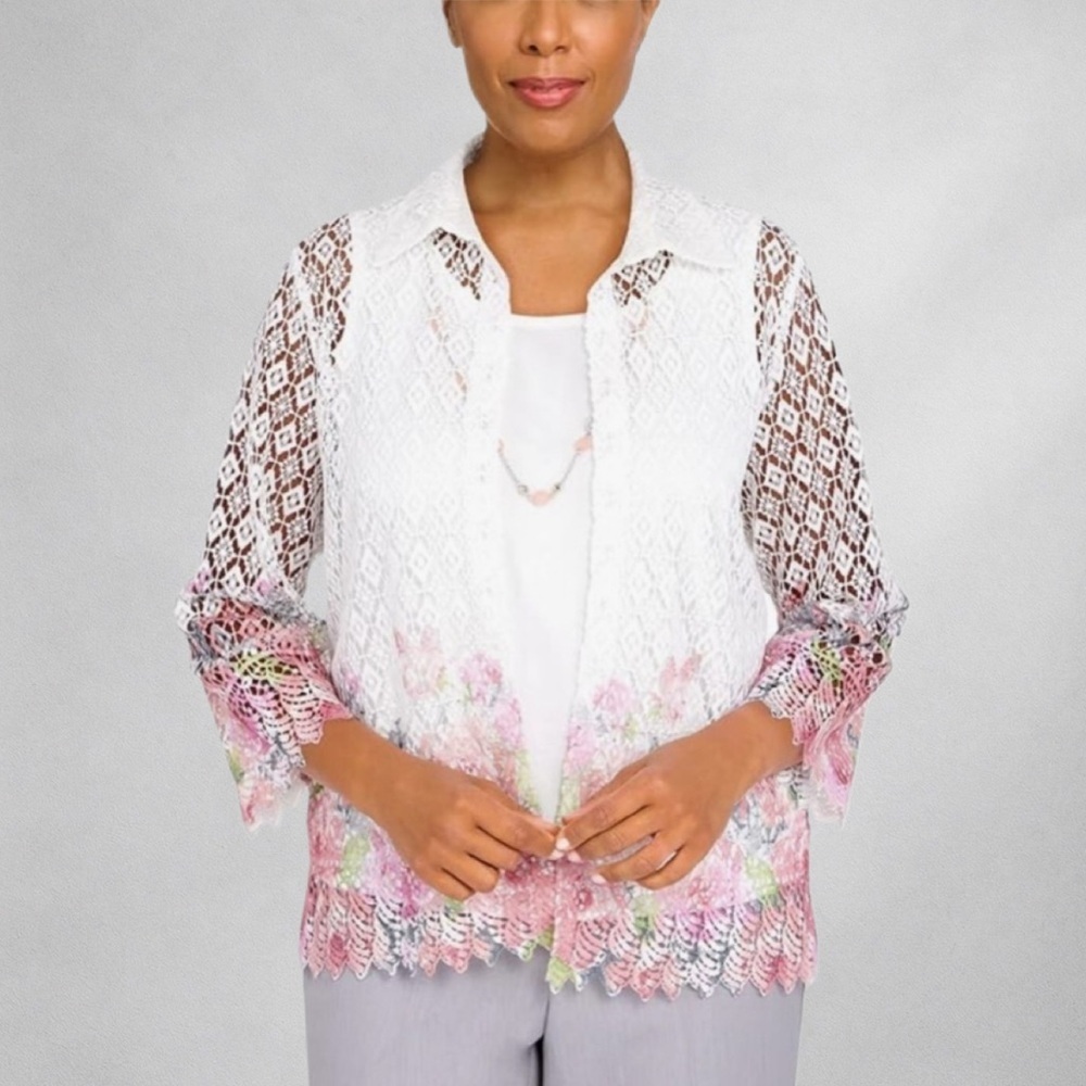 Alfred Dunner Woman Blouse Jacket 20W White Floral Lace Open Front Sheer wb